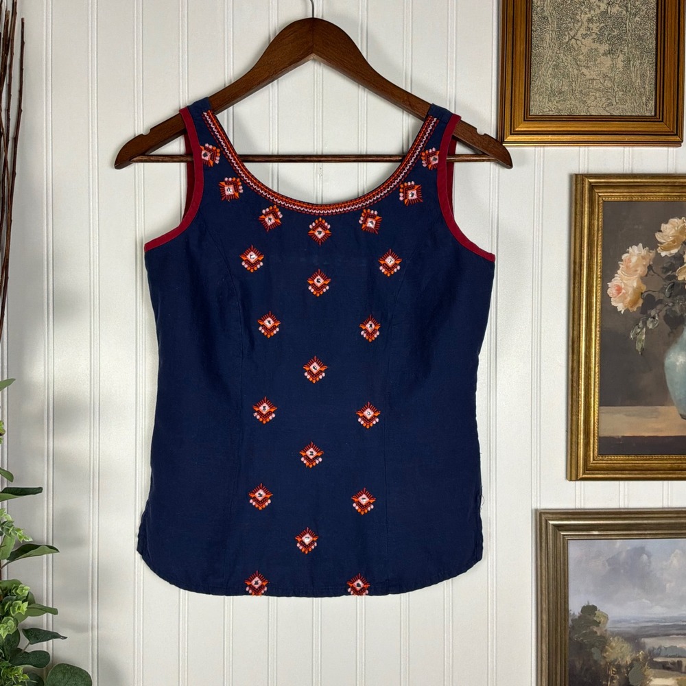 Globus Tank Top Womens Size M Navy Blue Excellent Embroidered Boho Cotton